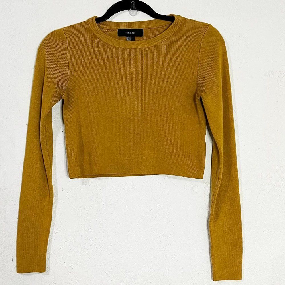 🔮 5/$25 Forever 21 Deep Golden Mustard‎ Yellow Long Sleeve Crop Top Size Medium